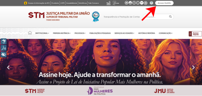 Na página do STM, clique em "Acesso Restrito" para ser redirecionado à tela de login da Intranet.